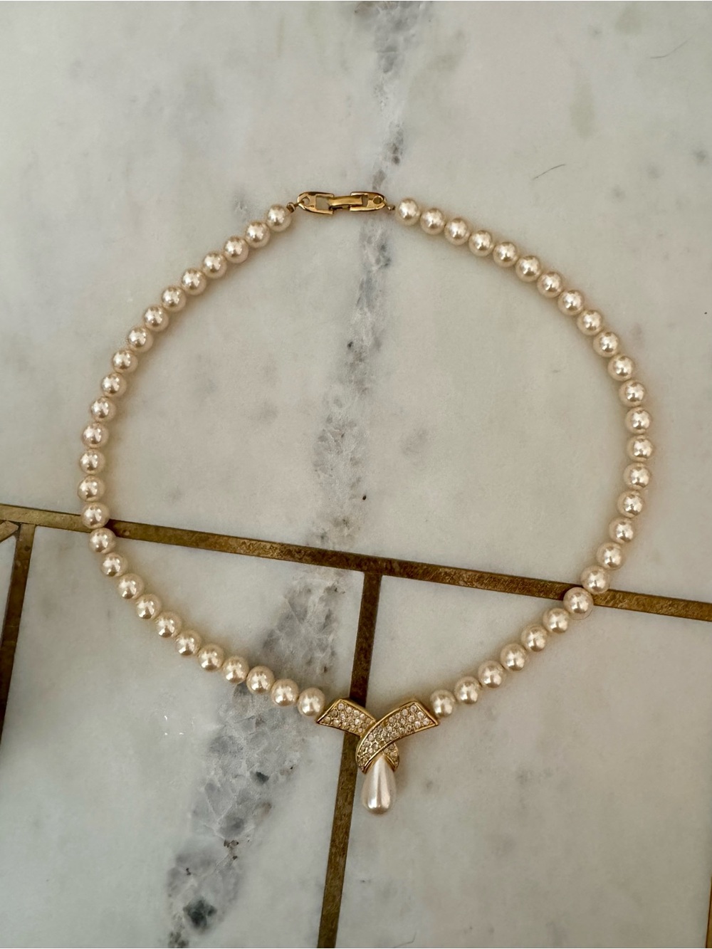 Pearl Necklace with Gold-Tone Crystal Accent and Teardrop Pearl